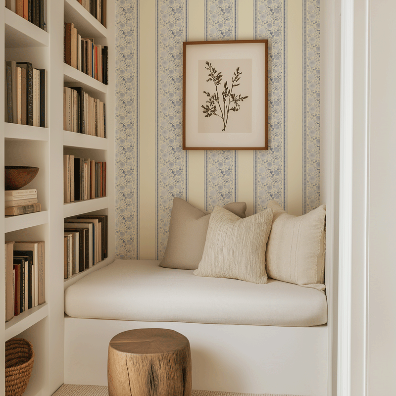 Matilda Stripe wallpaper by Willow and Woods in blue, shown in book nook.