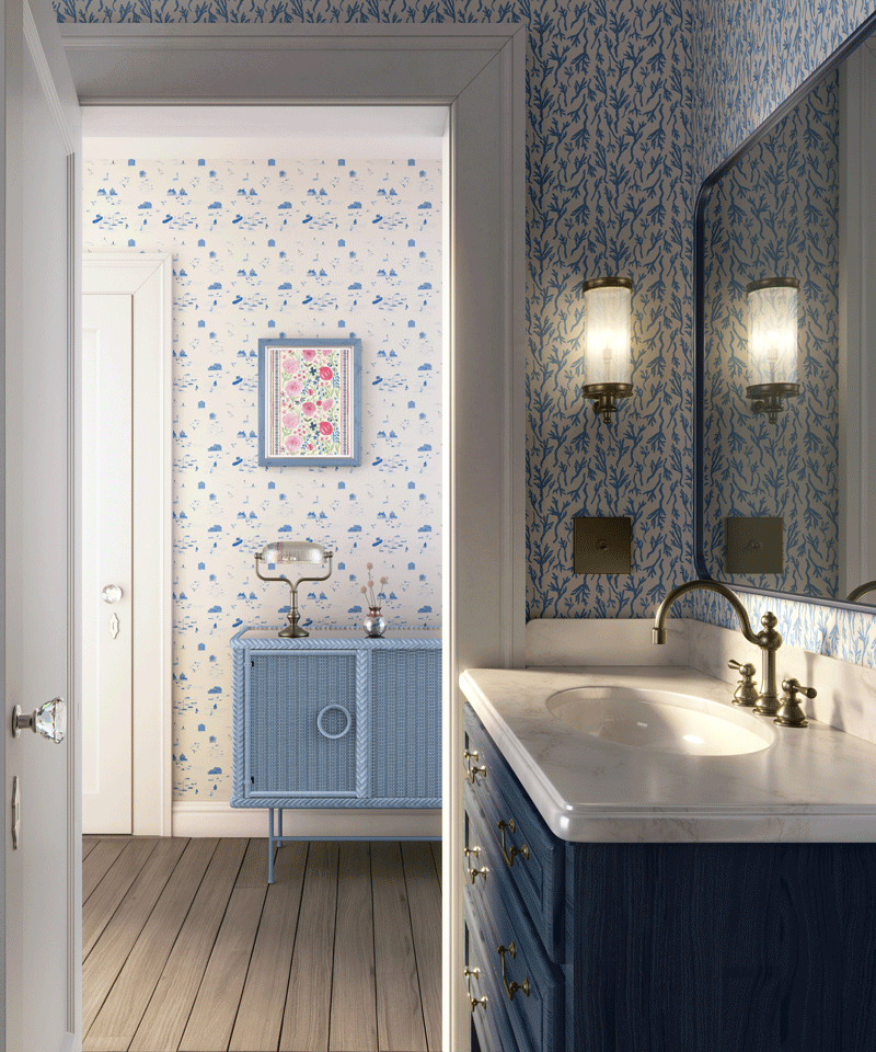 Emsworth Coral wallpaper with the Emsworth wallpaper in blue in the hall beyond