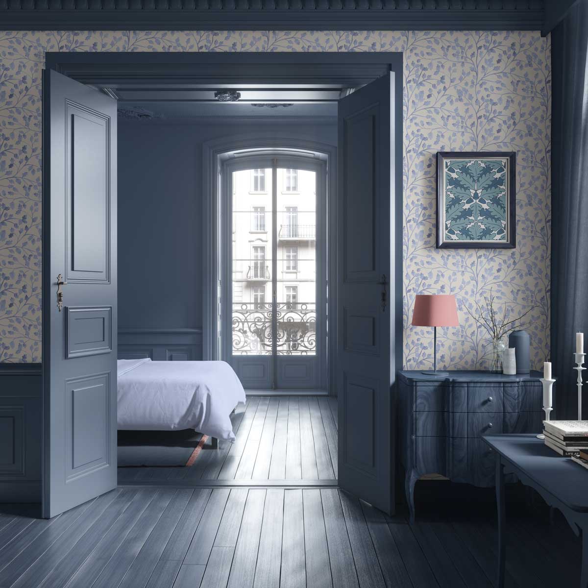 ClassicApartmentColourDrenchTrailingLeaves Blue colour drenched apartment with Matilda Trailing Leaves