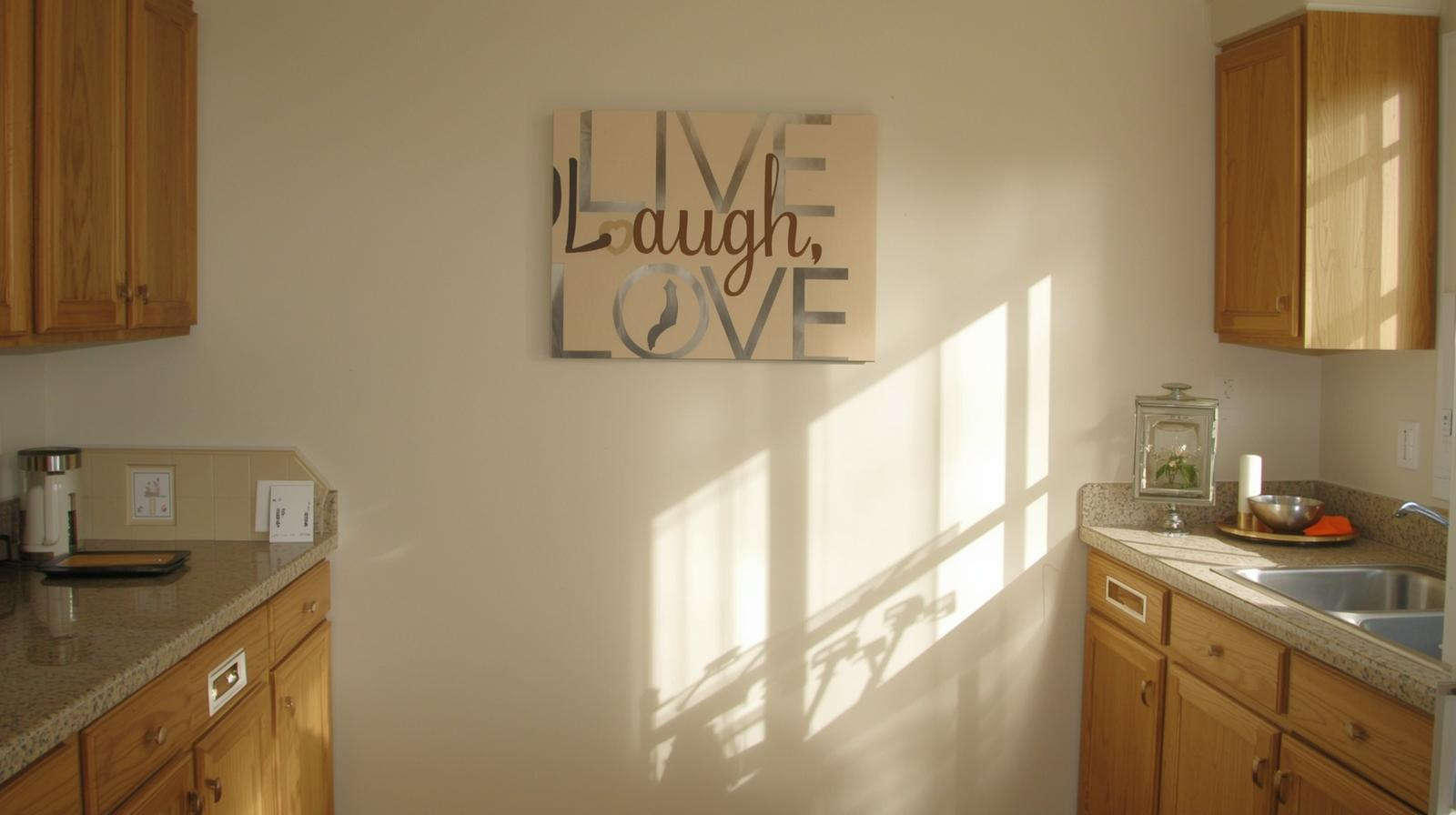 A dated trend, the Live, Love, Laugh artwork on a kithcen wall, clearly shows that this wasn't a heritage-led design.