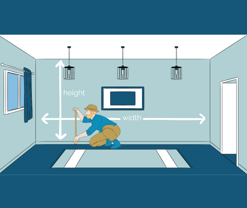 A diagram showing a man measurig the height and width o a room to calculate how many wallpaper rolls they need.