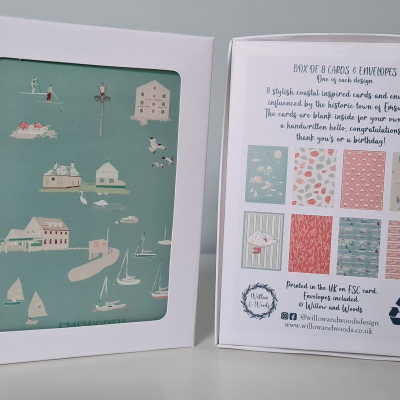 Set of 8 blank notecards inspired by the historic town of Emsworth in Ocean Sunset colours