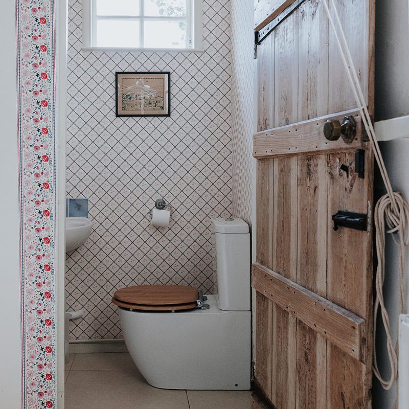 Downstairs loo wallpapered in Matilda Trellis with external walls in Matilda Stripe
