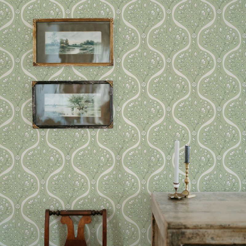 Between the Lines Willow floral stripe wallpaper with hand drawn ogee stripe and rose pattern in soft green