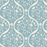 Between the Lines Mist floral stripe wallpaper with hand drawn ogee stripe and rose pattern in soft blue