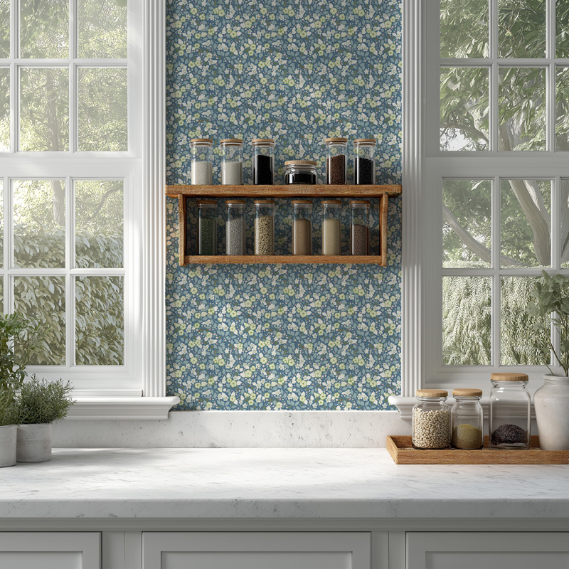Scattered Notes Mist features delicate hand-drawn florals scattered across a rich deep blue base.