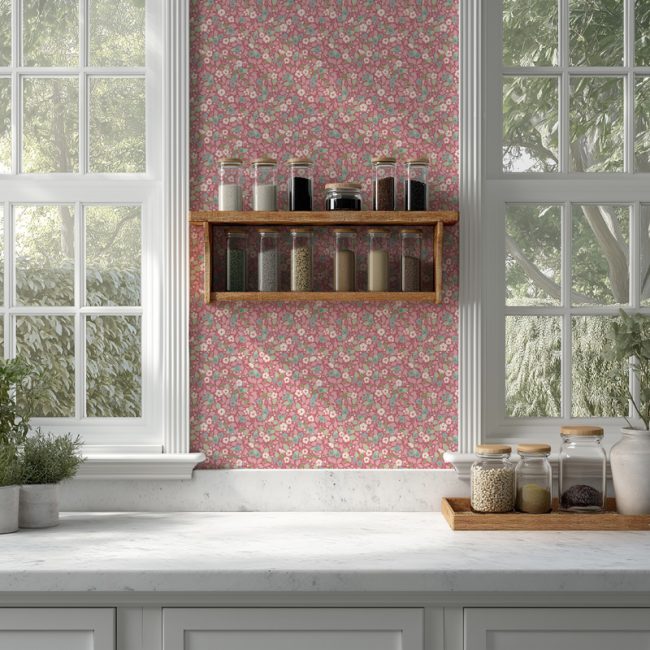 Scattered Notes Rose wallpaper in warm pink, detailed with a small-scale hand-drawn ditsy floral design.