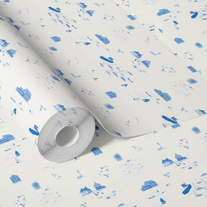Emsworth wallpaper rolls by Willow and Woods, in blue together.
