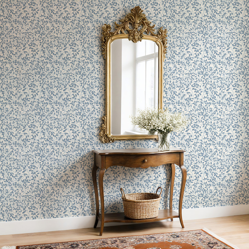 “Light hallway tones meet a hand-drawn blue leaf vine design, Garden Trail Mist wallpaper.