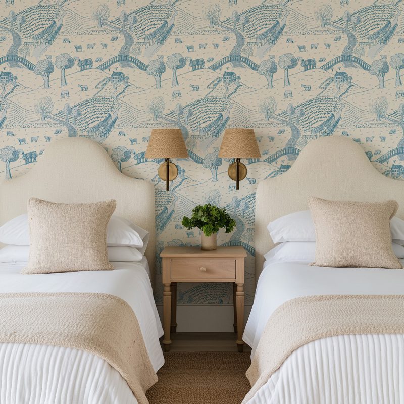 The Long View Mist landscape wallpaper with soft blue hand drawn scenic repeat desig