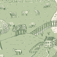 The Long View Willow landscape wallpaper with soft green hand drawn scenic repeat design