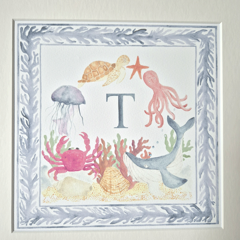 Design for Under the Sea print with showing a blue initial mounted
