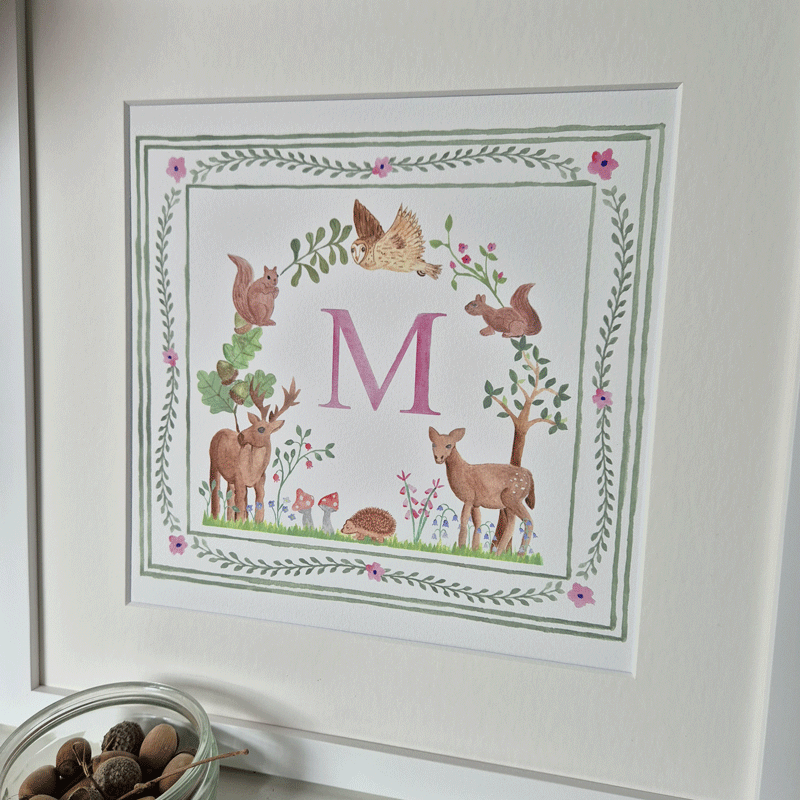 Personalised print, Woodland Circle, with choice of initial colour, framed and mounted.