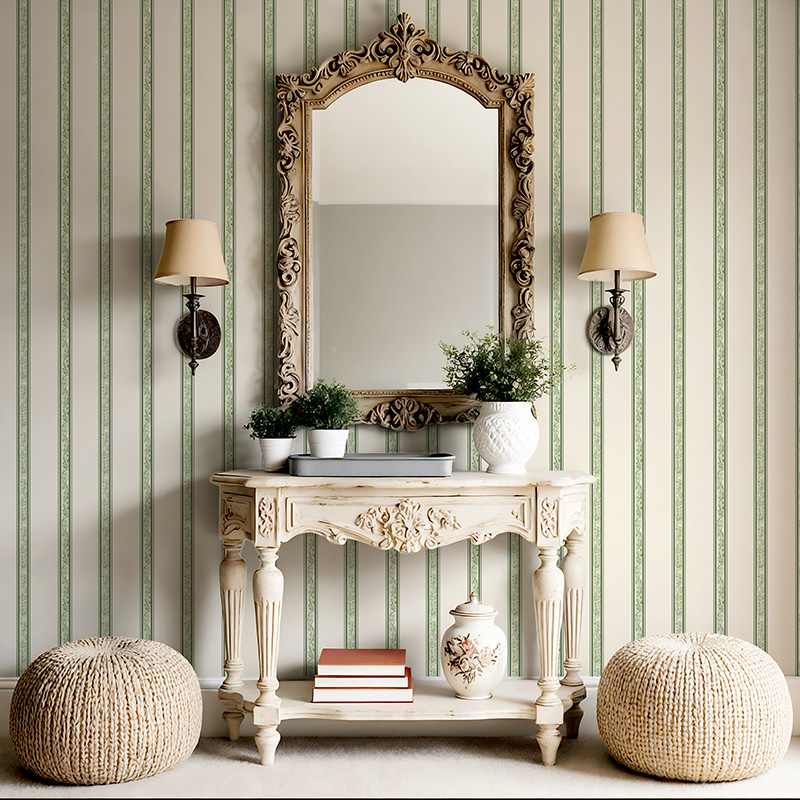 Margaret Hand Willow floral stripe wallpaper with hand drawn climbing floral pattern in tonal green on warm neutral background.